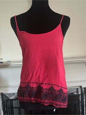 Hurley Y2K Red Boho Camisole Adjustable Spaghetti Strap Black Trim Beach Cami XS